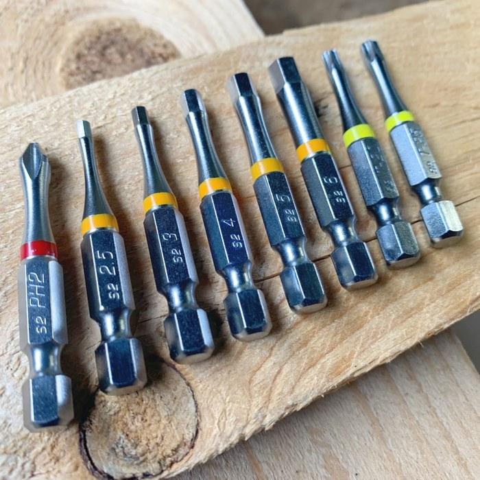 [711L] 8-Piece 50mm 1/4 Inch Hex Bit Set Color-Coded S2 Steel Phillips Torx Driver Tips EDC Tool Set