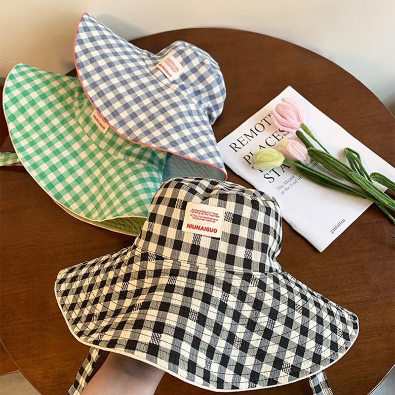 Корейская двухсторонняя клетчатая шляпа рыбака, женская шляпа-ведро с ремешком, шляпа для отдыха на открытом воздухе, солнцезащитная шляпа