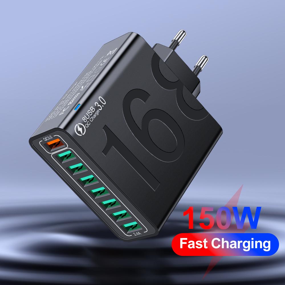 Total 150W Charger USB Quick Charge 3.0 Mobile Phone Charge Adapter Fast Wall Charger For iPhone Xiaomi EU/US/KR Plug