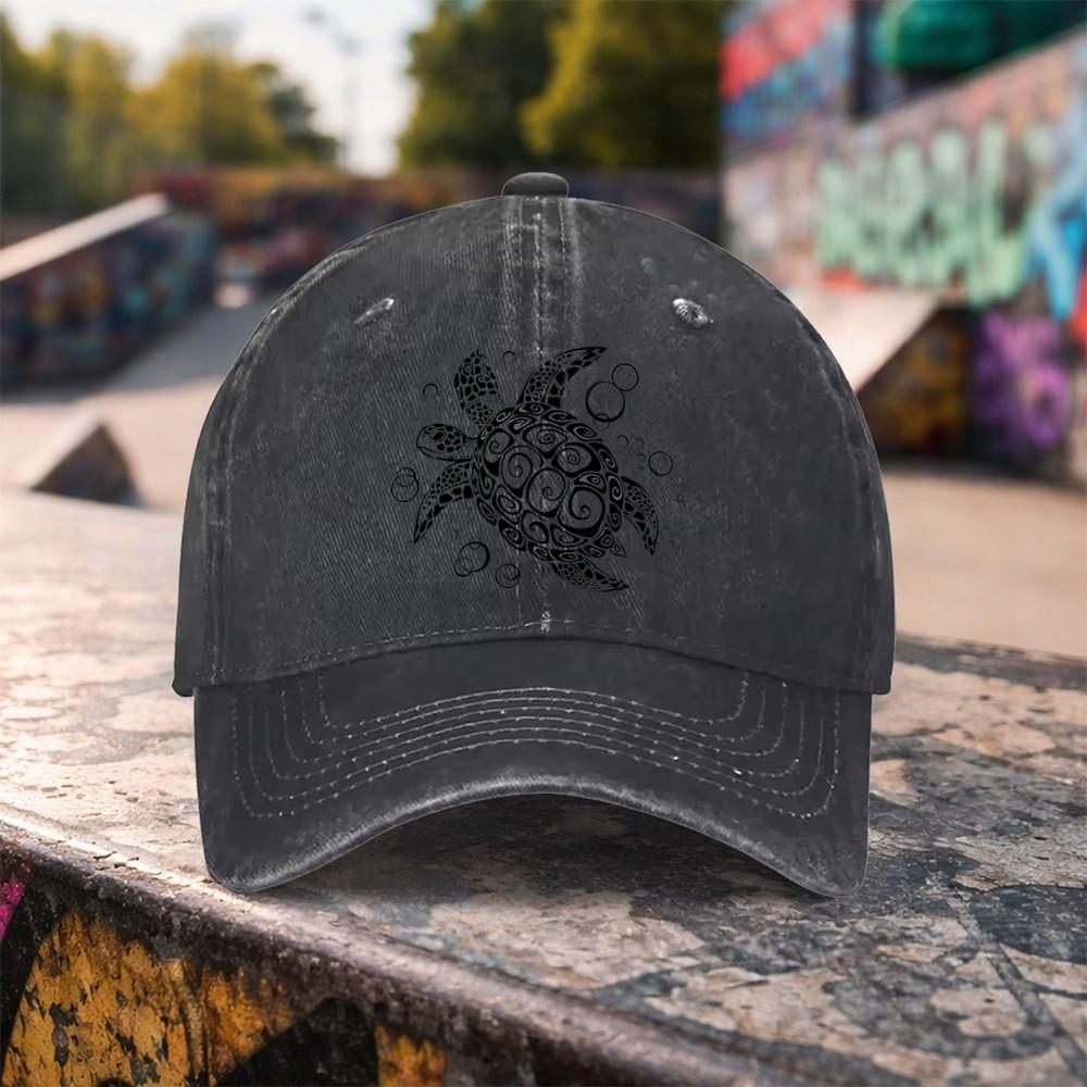 Tribal Turtle Print Washed Baseball Cap Adjustable Outdoor Accessory Unisex Cotton Duckbill Hat