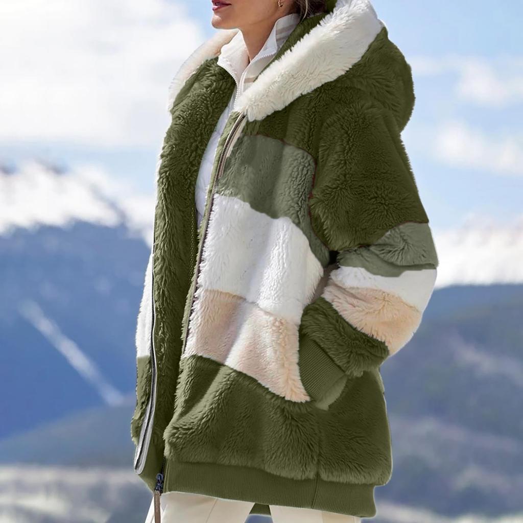 Женское модное зимнее свободное плюшевое пальто с длинным рукавом и карманом на молнии с капюшоном