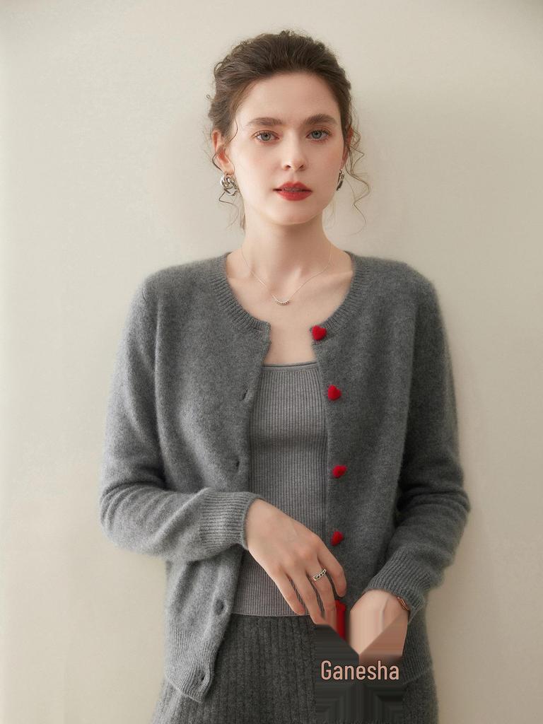 Women's Cashmere Round Neck Cardigan - Soft Knitwear with Heart Buttons, Versatile Base Layer Top, Solid Color Casual Outerwear