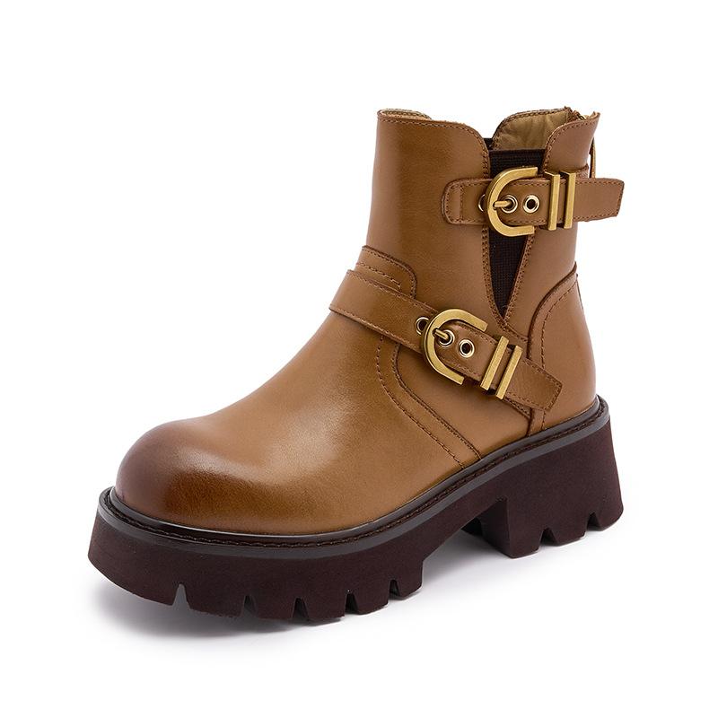 Кожаные ботинки Мартин Женские 2025 Осень и Зима Новые ботинки Челси Дымчатые ботинки Короткие ботинки Коричневые ботинки на платформе Западные ковбои