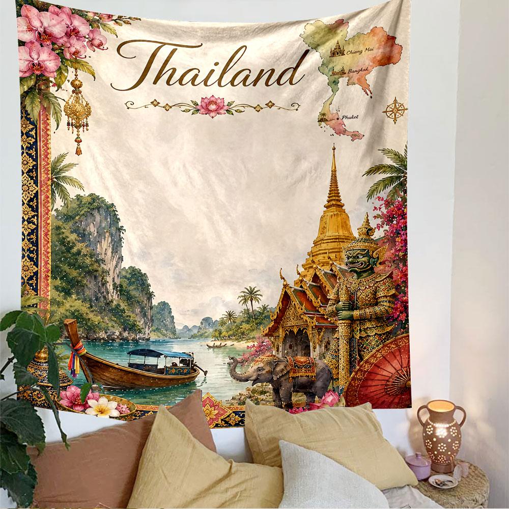 Thailand Tapestry Wall Hanging, Tropical Travel Poster Art, Boho Wall Decor for Bedroom Living Room Dorm