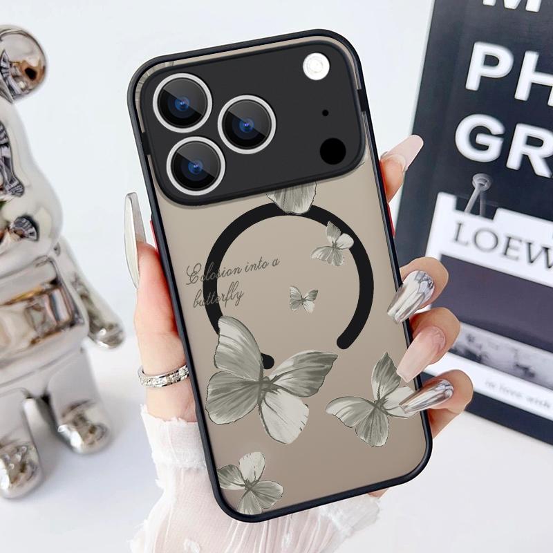 Magnetic Retro Butterfly Pattern Phone Case For iPhone 17 15 16 Pro Max 14 13 Pro 17 For Magsafe Wireless Charge Soft Edge Cover
