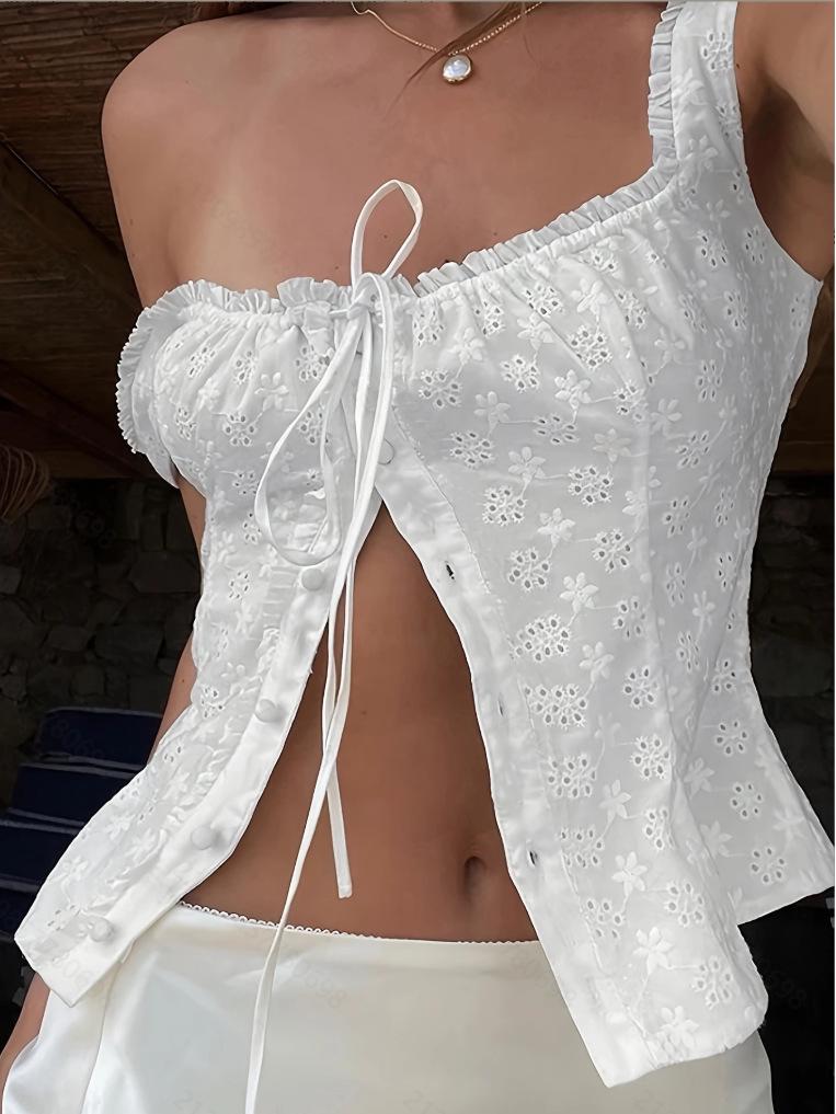 2025 Европейская и американская женская мода Топ без рукавов с квадратным вырезом, вышивкой и оборками