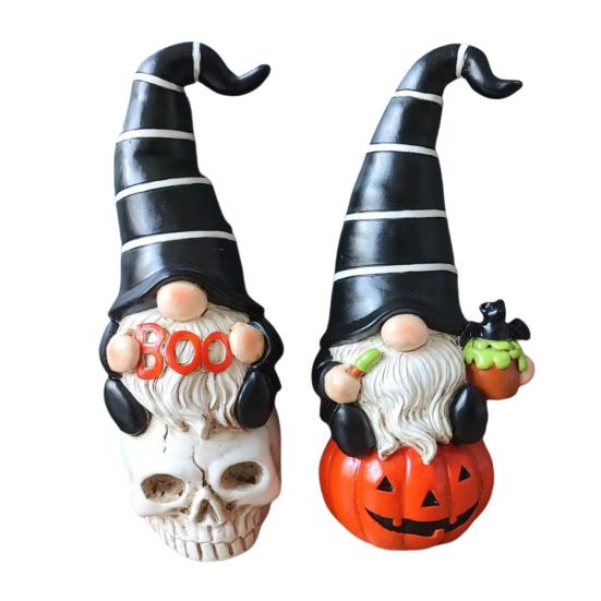 1 Pair Halloween Gnome Statue Ghost Skull Pumpkin Shape Resin Figure Festive Atmosphere Halloween Decoration