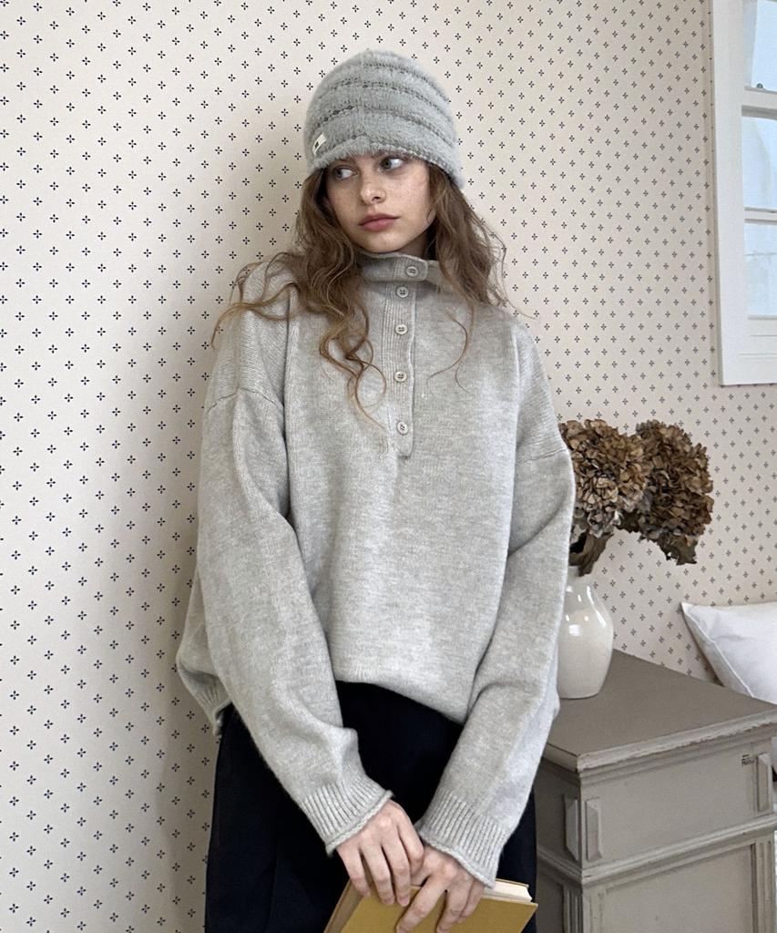 DELIDI Haze High Neck Button Knit (Light Gray)