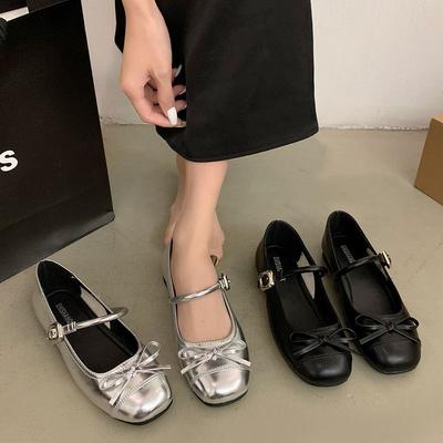 Модные серебристые туфли-балетки с бантиком и открытым верхом, женские весенне-осенние новые французские балетки Мэри Джейн