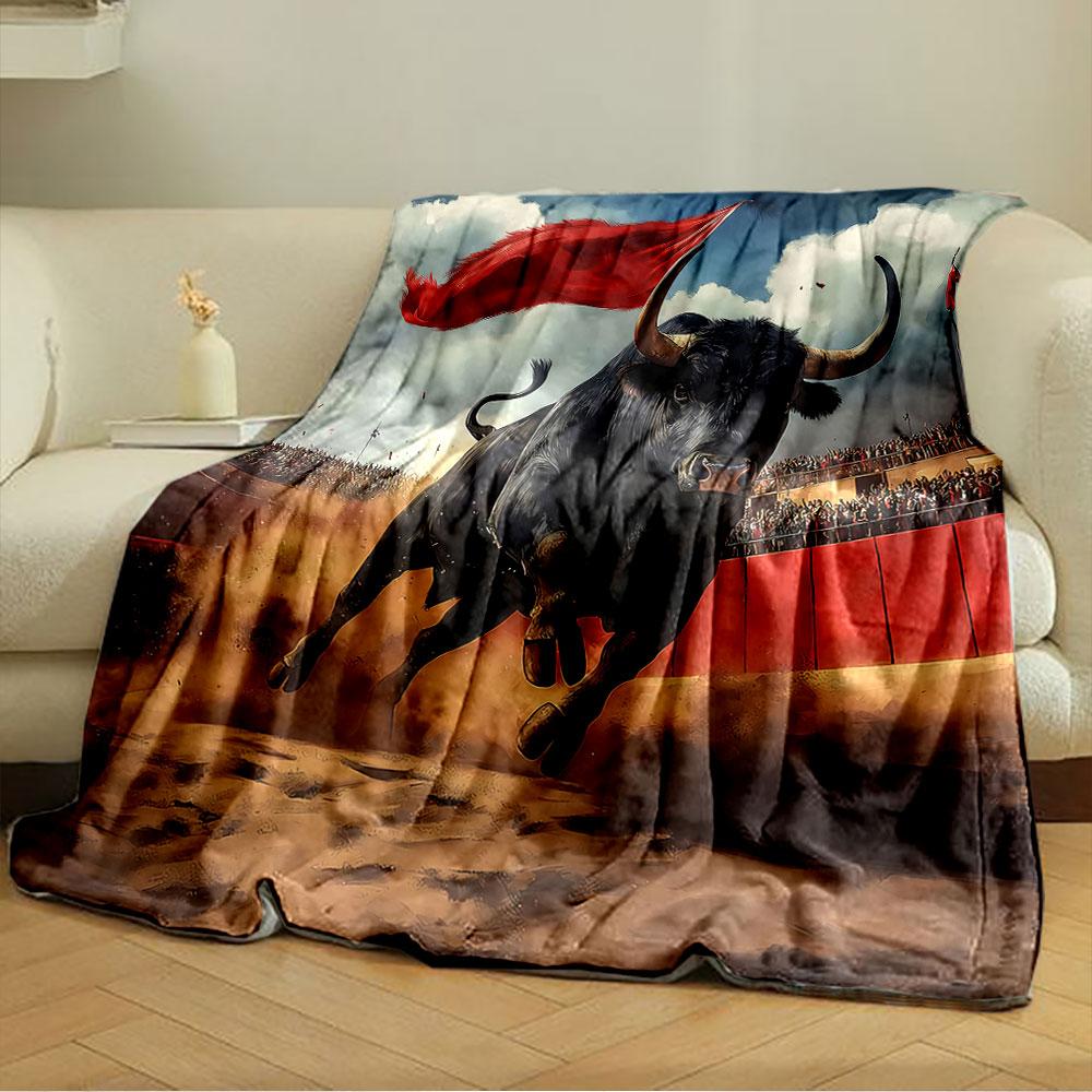 Charging bull with a red flag in a vibrant bullfighting arena setting. for all seasons blanket lunch break throw gift