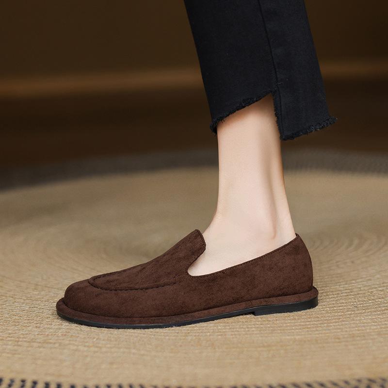Retro British Style Frosted Fleece Small Leather Shoes Autumn New Boat Type Single Shoes Low Heel Casual Shoes Large Size Shoes