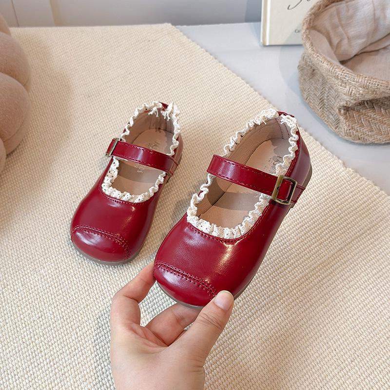 Весна 2026 Детские кожаные туфли Мэри Джейн с кружевной отделкой - Нескользящие, Мягкая подошва, Туфли для маленьких принцесс
