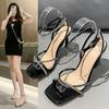Summer fairy rhinestone open-toed stiletto one-button sandals female versatile square head French silver high heels ins
