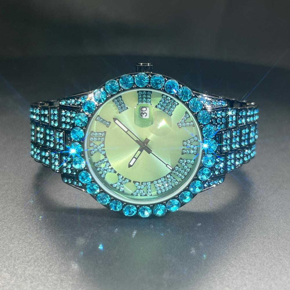 MISSFOX Iced Watch For Men Luxury Diamond Fashion Quartz Wristwatches Automatic Date Green Waterproof Clock For Gift