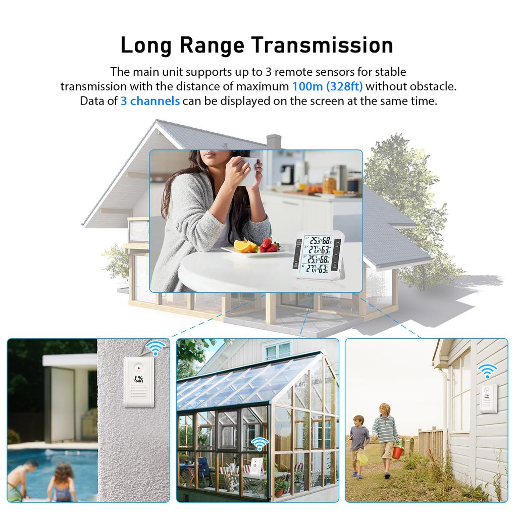 3-канальный цифровой термогигрометр для использования в помещении и на открытом воздухе с дистанционным датчиком, подсветка 328 футов/100 м