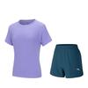 Тренировочная серия Пуловер с круглым вырезом Однотонный Короткий рукав Спортивный Простой Эластичные шорты Повседневный комплект Женский комплект Фиолетовый Синий 962527207-4