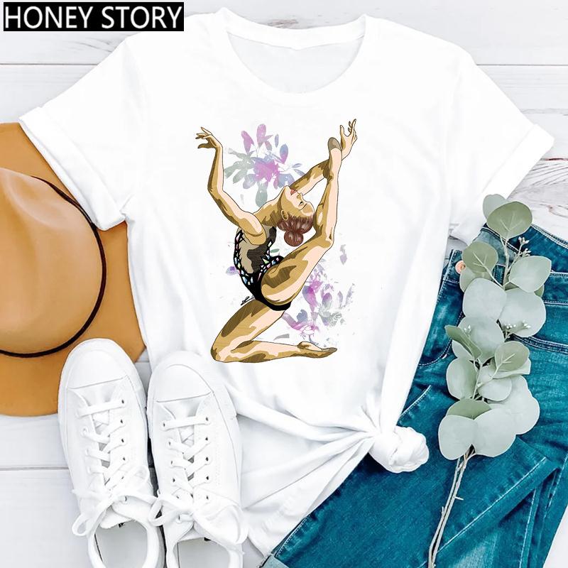 Watercolor Dance Gymnastics Print round Neck Casual T-shirt Short Sleeve Creative Fashion Summer Polyester Blend polyester fabri