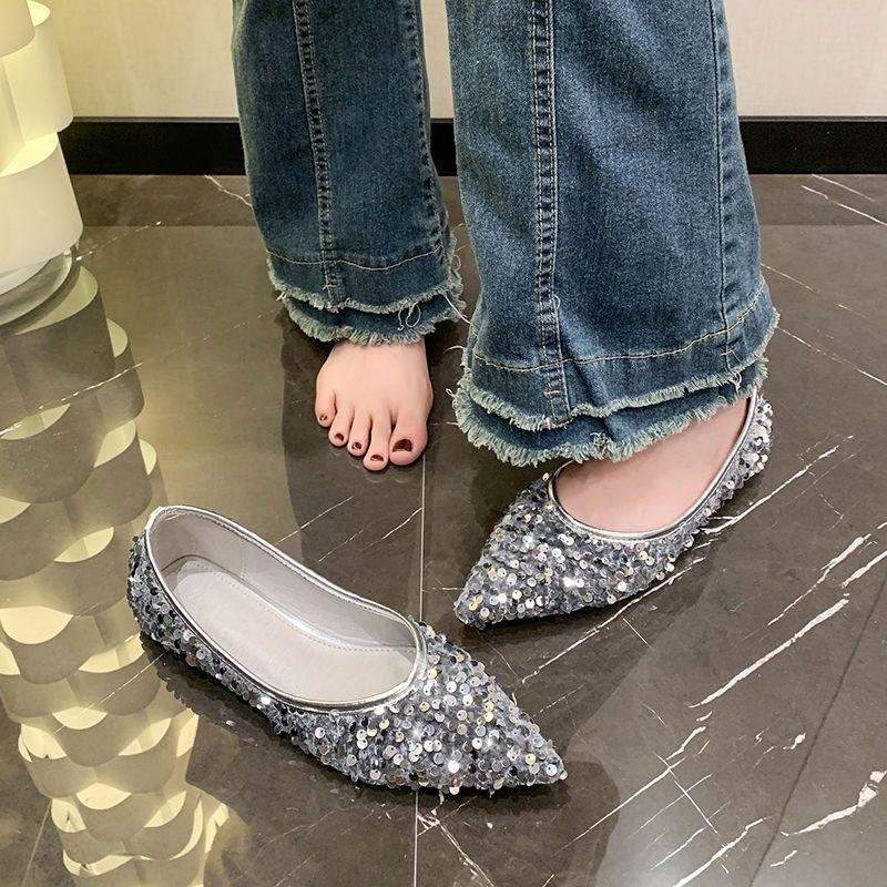 Французские женские туфли с пайетками, с мелким вырезом, весна 2025, новая модель, на плоской подошве, на один педаль, фея, нежные, с юбкой, туфли Doudou