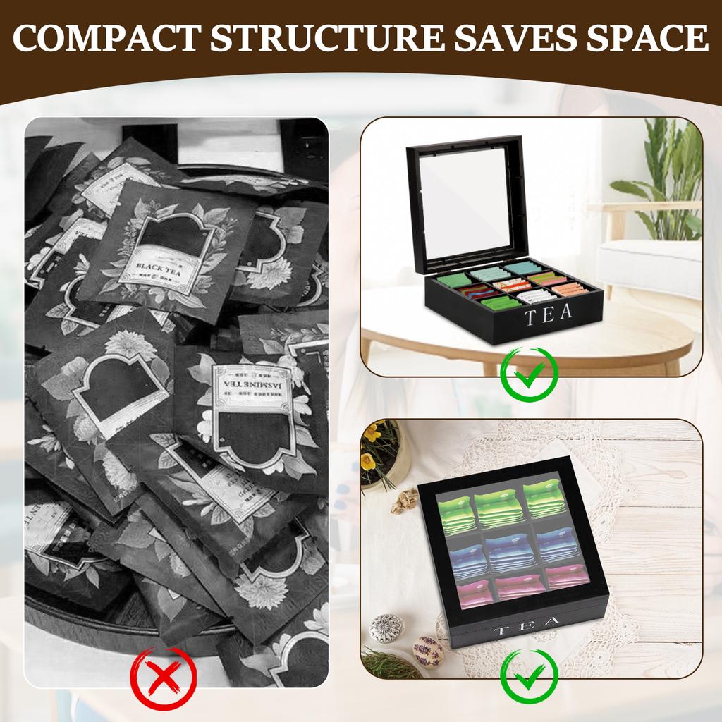 Коробка для хранения чайных пакетиков Деревянный держатель для чайных пакетиков с прозрачной крышкой Коробка-органайзер для хранения чайных пакетиков Отделение для чайных пакетиков/кофейных капсул/кофейных пакетиков