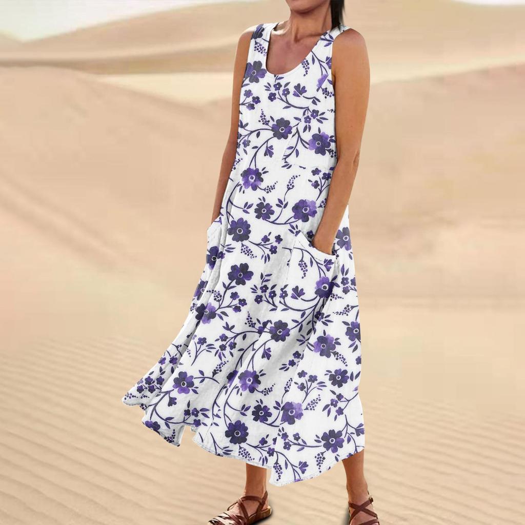Женское повседневное удобное хлопковое карманное платье без рукавов с цветочным принтом