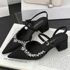 High Quality Rhinestone Pointed Toe High Heel Sandals Women Buckle Back Strap Hoof Heel Designer Shoes Fashion Classy Dress Shoe