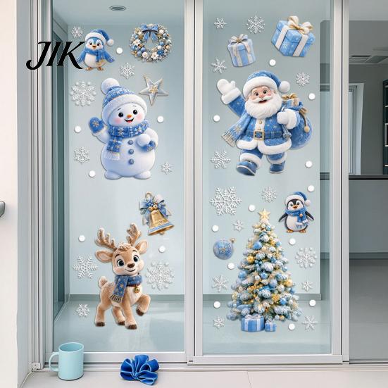 Double Sided Window Decorations 4Pcs Christmas Static Clings, Blue Santa Snowman Reindeer Penguin Gold Decor Stickers, Reusable Xmas Holiday