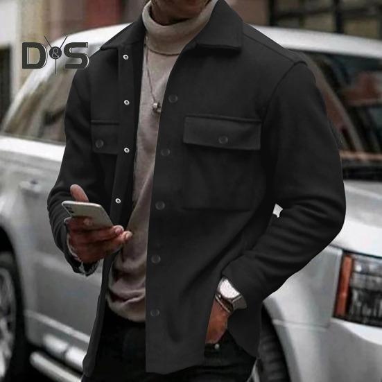 Men Jacket Lapel Single-breasted Top Solid Color Slim Thickened Warm Coat Casual Autumn Winter Outwear for Daily Wear