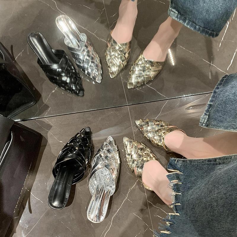 Летние женские тапочки плетеные с острым носком слипоны женские мюли обувь на плоской подошве сандалии обувь платье шлепанцы mujer