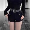 2025 Женские шорты с высокой талией, черные, утягивающие, с поясом - Весенняя мода