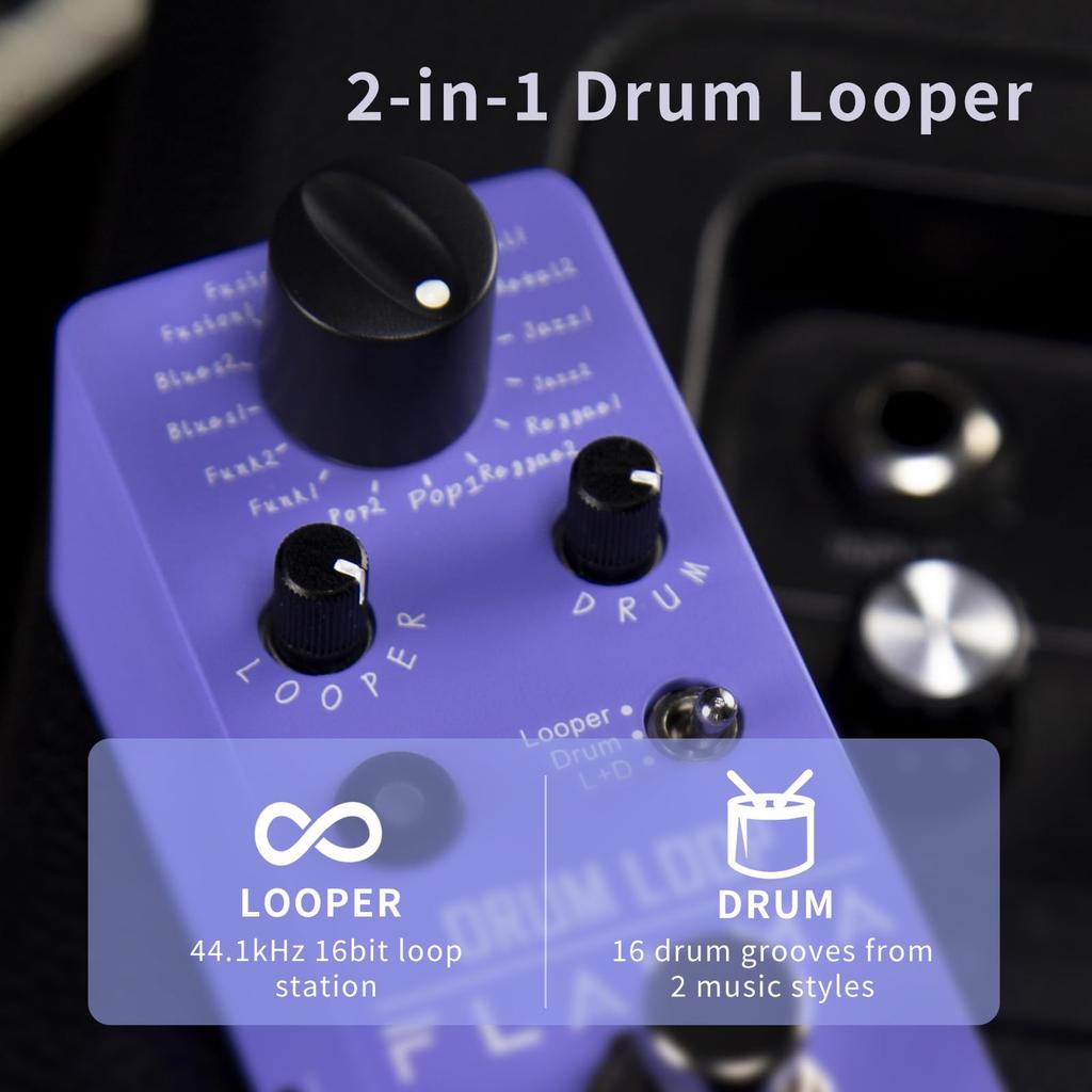 FLAMMA FC01 Mini Guitar Drum Machine and Phrase Loop Effect Pedal with 20 Minutes of 16 Drum Tap Tempo and Level Purple Pedal, Pedal, Recording,
