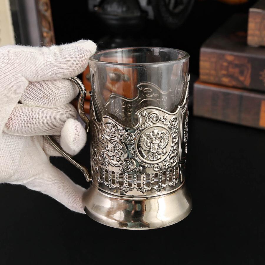 Vintage Russian Style Glass Cup With Embossed Metal Holder Retro Whiskey Tea Mug Home Bar Decor Business Souvenir Gift