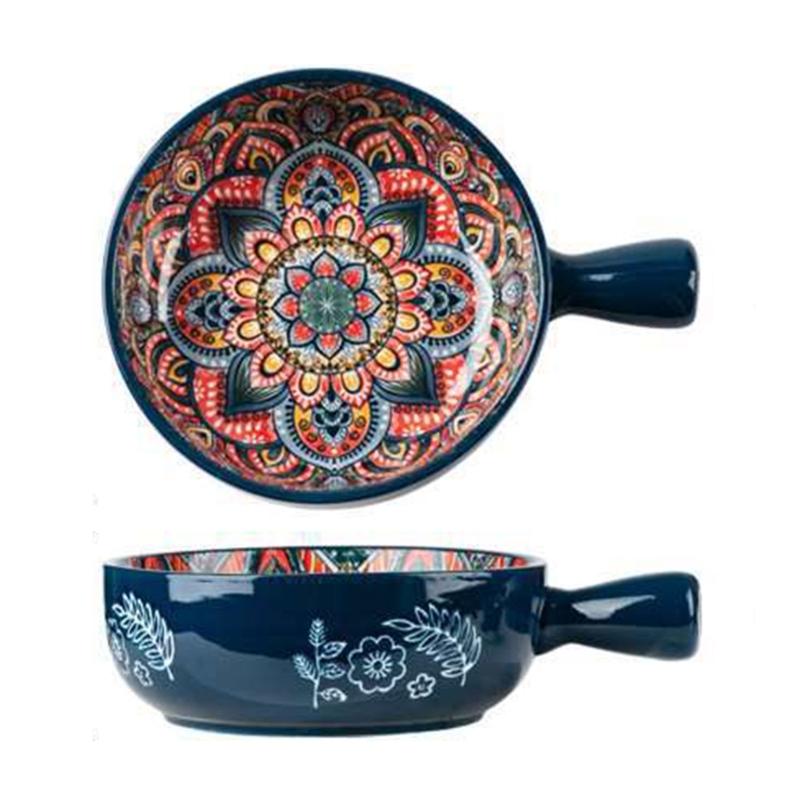 Bohemians Ceramic Handled Soup Bowl Serving Bowl Suitable for Oven and Microwave Safe Use Easy Cleaning Dishwasher Safe