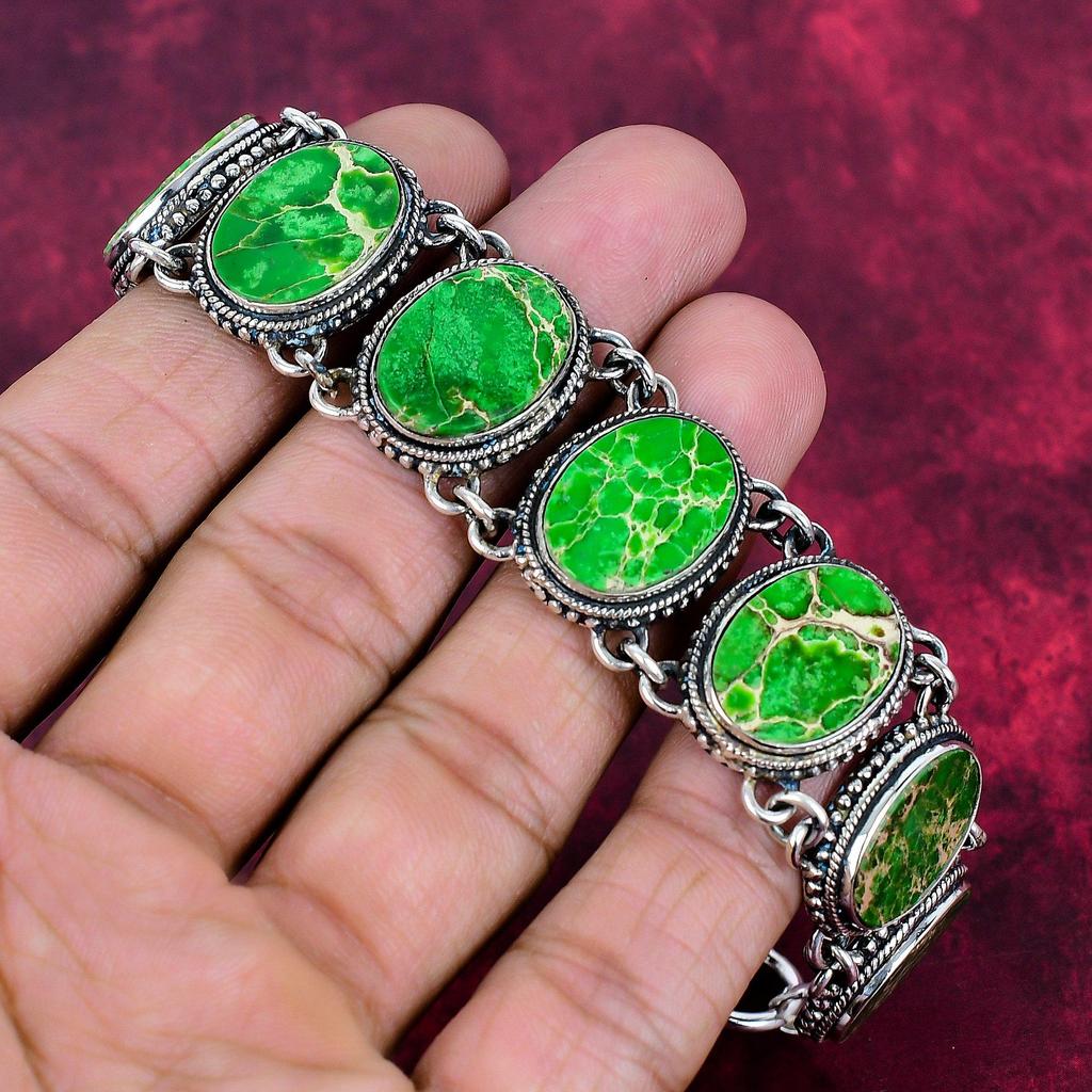 Green Sea Sediment Bracelet Gemstone Jewelry, 925 Solid Sterling Silver Adjustable Chain Bracelet, Gift For Women Handmade Bracelet