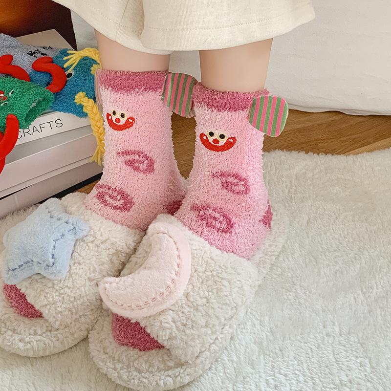 Super Cute Cartoon Socks Medium Tube Socks Season Thickened Warm Coral Fleece Socks Embroidered Expression Floor Sleeping Socks