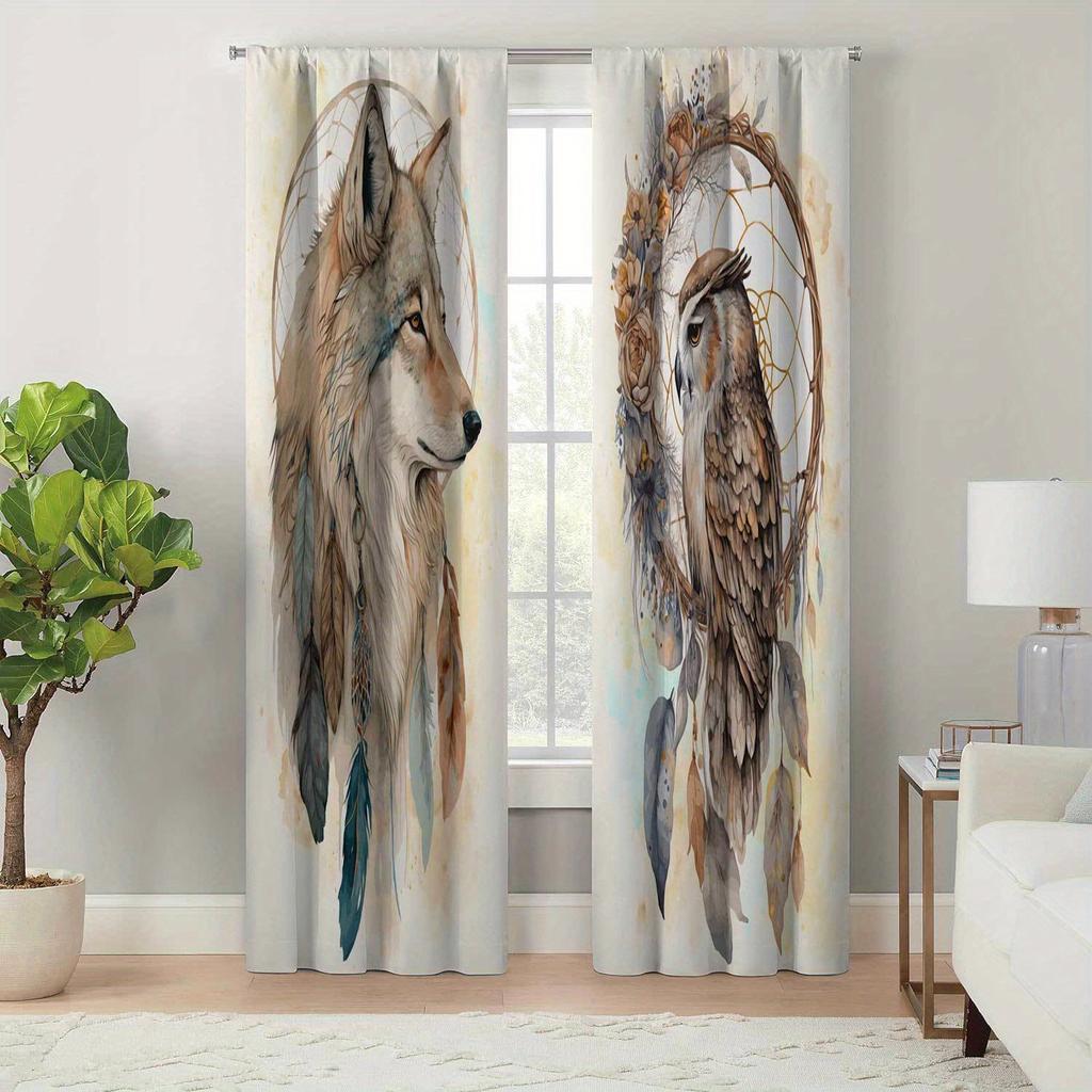 2 шт. шторы с принтом «ловец снов» и волка, полупрозрачные внутренние и наружные шторы, защитные шторы для спальни, гостиной