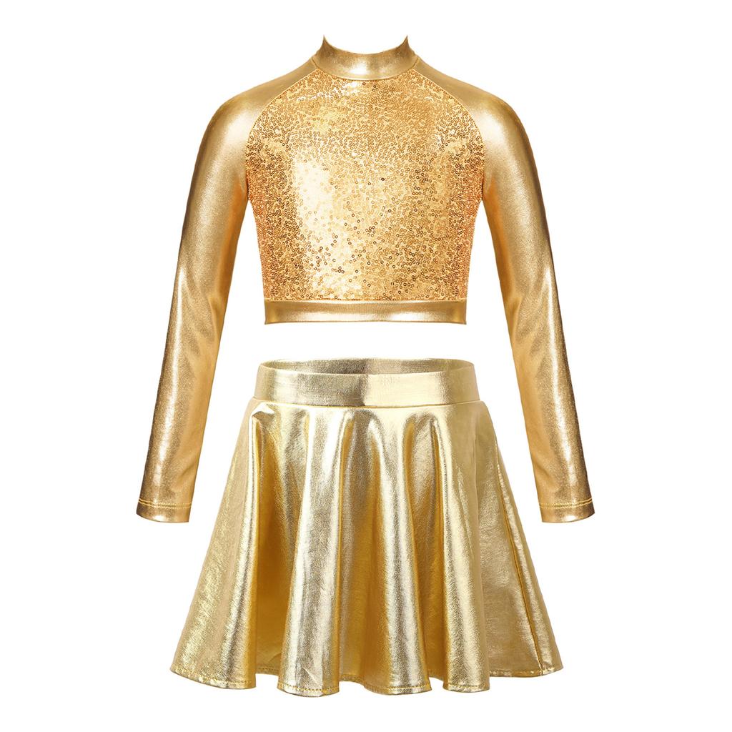 Girls Glossy Metallic Dance Set Long Sleeve Sequin Crop Top and Short Skirt Figure Skating Costume