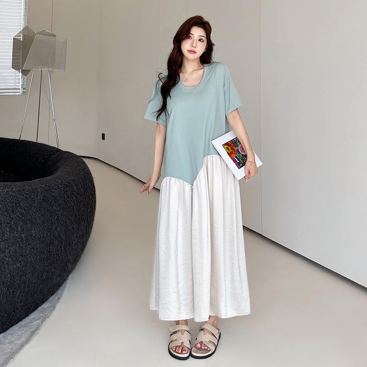 Dimanaf 2025 Летнее платье больших размеров для женщин, повседневное винтажное длинное платье с коротким рукавом, свободное базовое хлопковое плиссированное платье