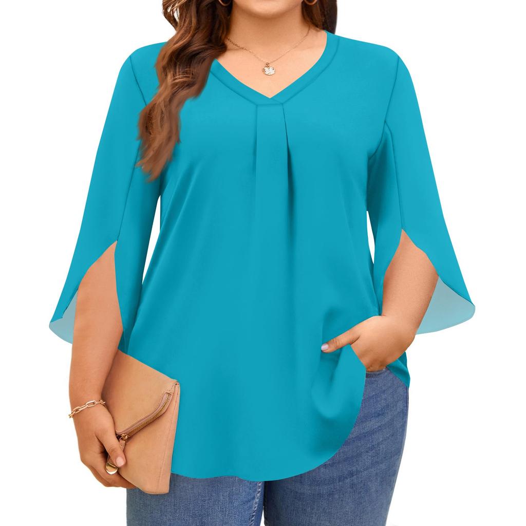 Women's Solid Color V-neck Plus Size Tops 3/4 Sleeves Elegant Shirt Tops