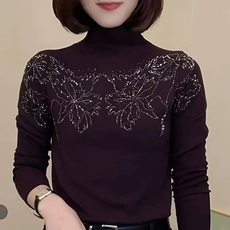 Осень Зима Новый Тяжелая Промышленность Горячий Бриллиант Полувысокая Горловина Тонкий Вельвет Свободный Лонгслив Базовая Футболка Топ