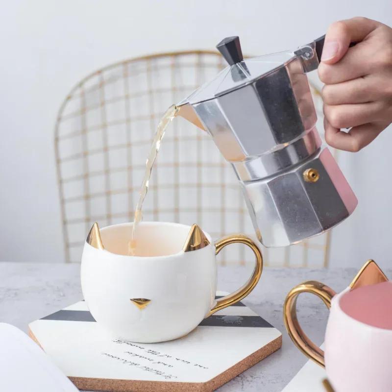 Керамическая кружка в форме кошачьих ушей, позолоченная кружка в форме кошки, кофейные кружки для пар, овсяная молочная кружка, рождественский подарок на день святого Валентина