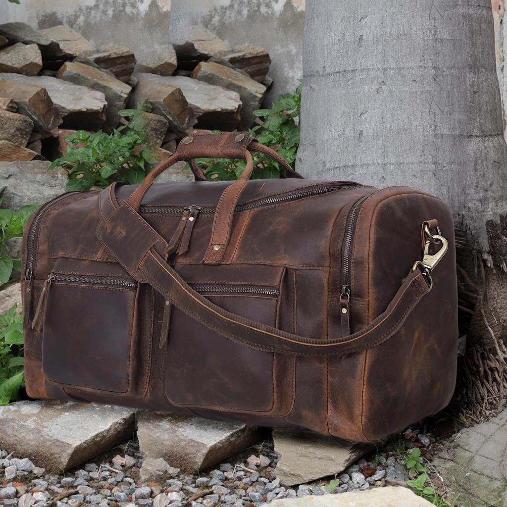 Handmade Top Grain Leather Duffel Bag: Retro Travel Weekender