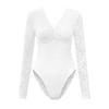 Women Bodysuit Flower Embroidery Lace Elastic Deep V Neck See-through Long Sleeve Solid Color Slim Fit Soft Breathable Spring Playsuit