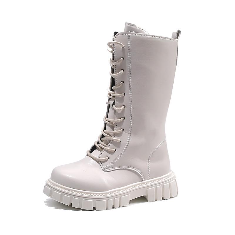 Non-Slip Leather High-Top Kids Boots with Side Zippers, Spring/Autumn, Wear-Resistant, Dr. Martens Inspired, Available in Off-White and Black.