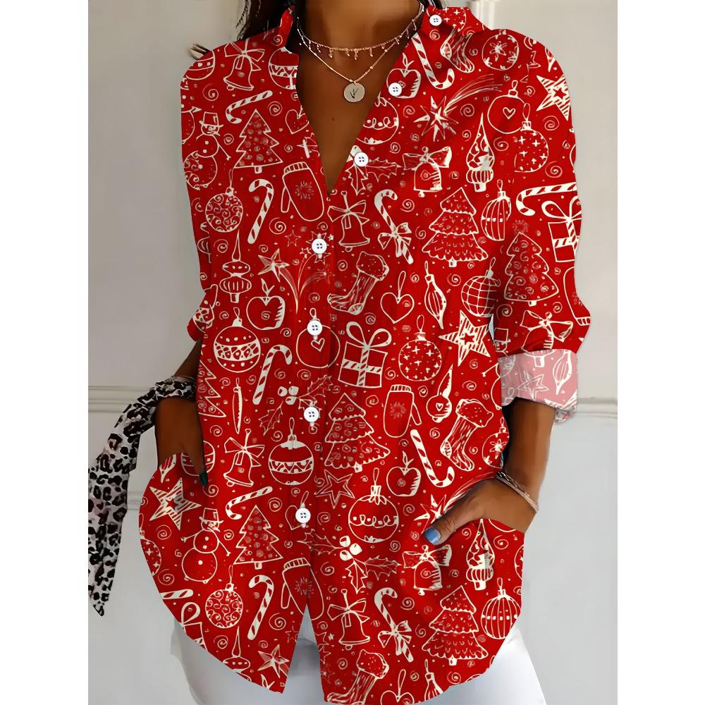 New Plus Size Women's Long Sleeve Printed Shirt, Stylish Casual Button-Down Lapel Shirt