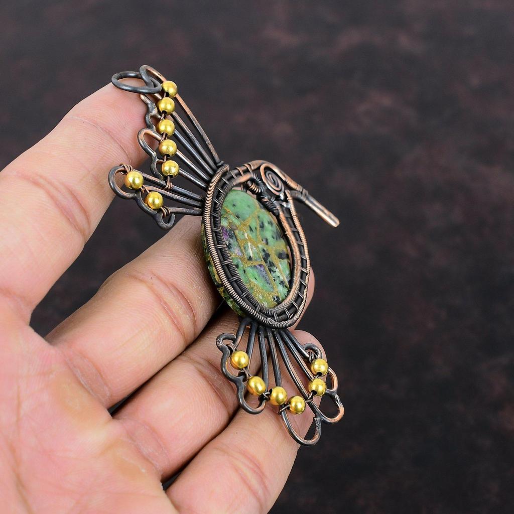 Медный рубиновый кулон с цоизитом, медная проволока, обернутая кулоном, рубиновый цоизит, ювелирное изделие, драгоценный камень, кулон с птицей ручной работы, медные украшения для подарка