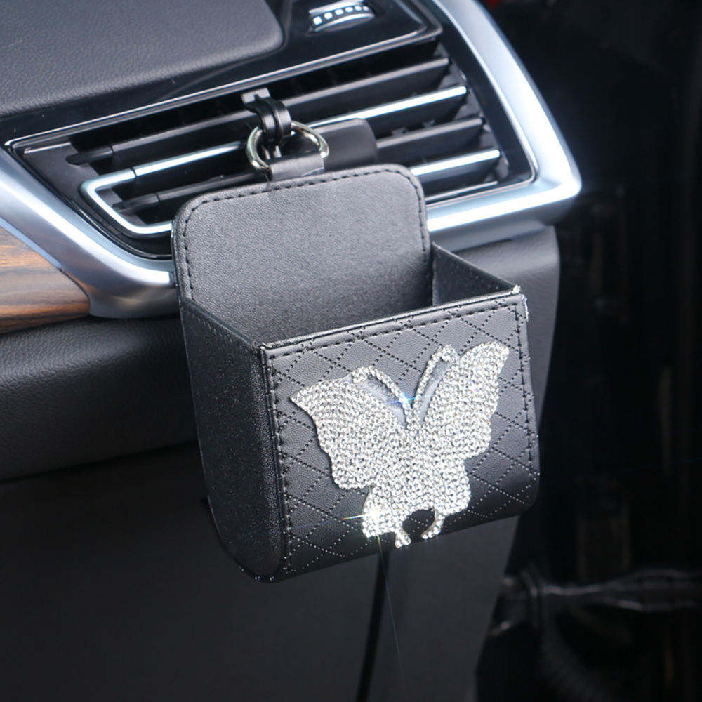 Автомобильная сумка для хранения Bling Butterfly, автомобильный воздуховод, мусорный мешок, органайзер, мобильный телефон, ключ, солнцезащитные очки, вентиляционное отверстие, подвесной ящик для хранения