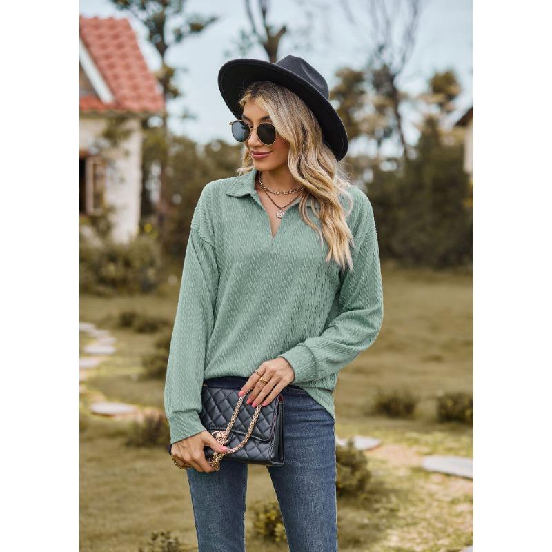Spring and Autumn Women's Blouse Solid Color Lapel Loose Sweatshirt Long Sleeve Top