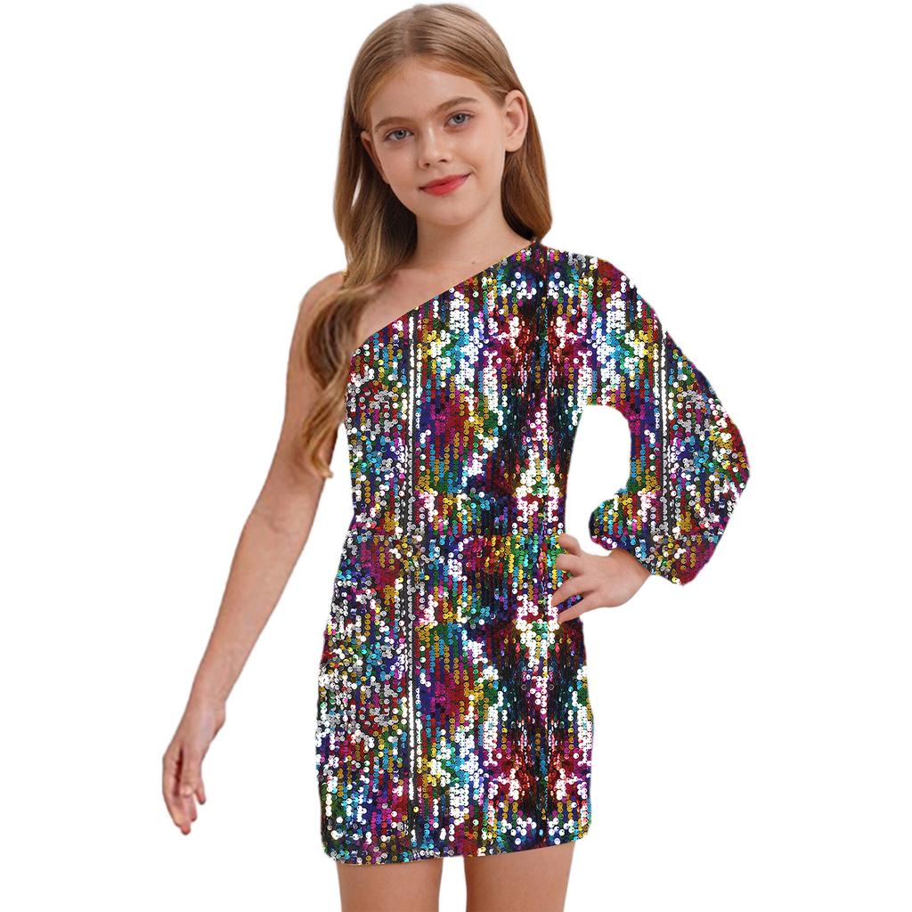 Платье для девочек с блестящими пайетками, на одно плечо, с длинным рукавом, длиной выше колена, праздничное платье на день рождения, для конкурса красоты, для свадьбы