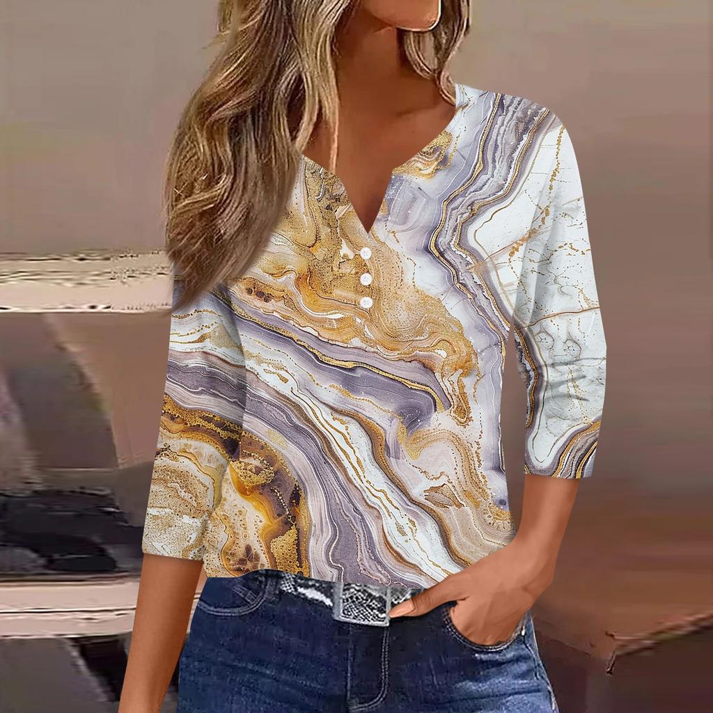 Women's T Shirt Tee Print Button 3/4 Sleeve Daily Weekend Fashion Basic V- Neck Regular Top