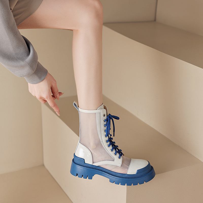 Krazing Pot Летние ботинки из овчины с круглым носком, модные ботильоны из воздушной сетки с заклепками и перекрестной завязкой